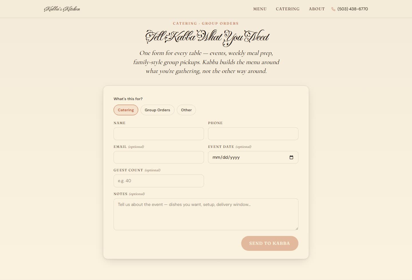 Kabba's Kitchen catering inquiry form with structured fields