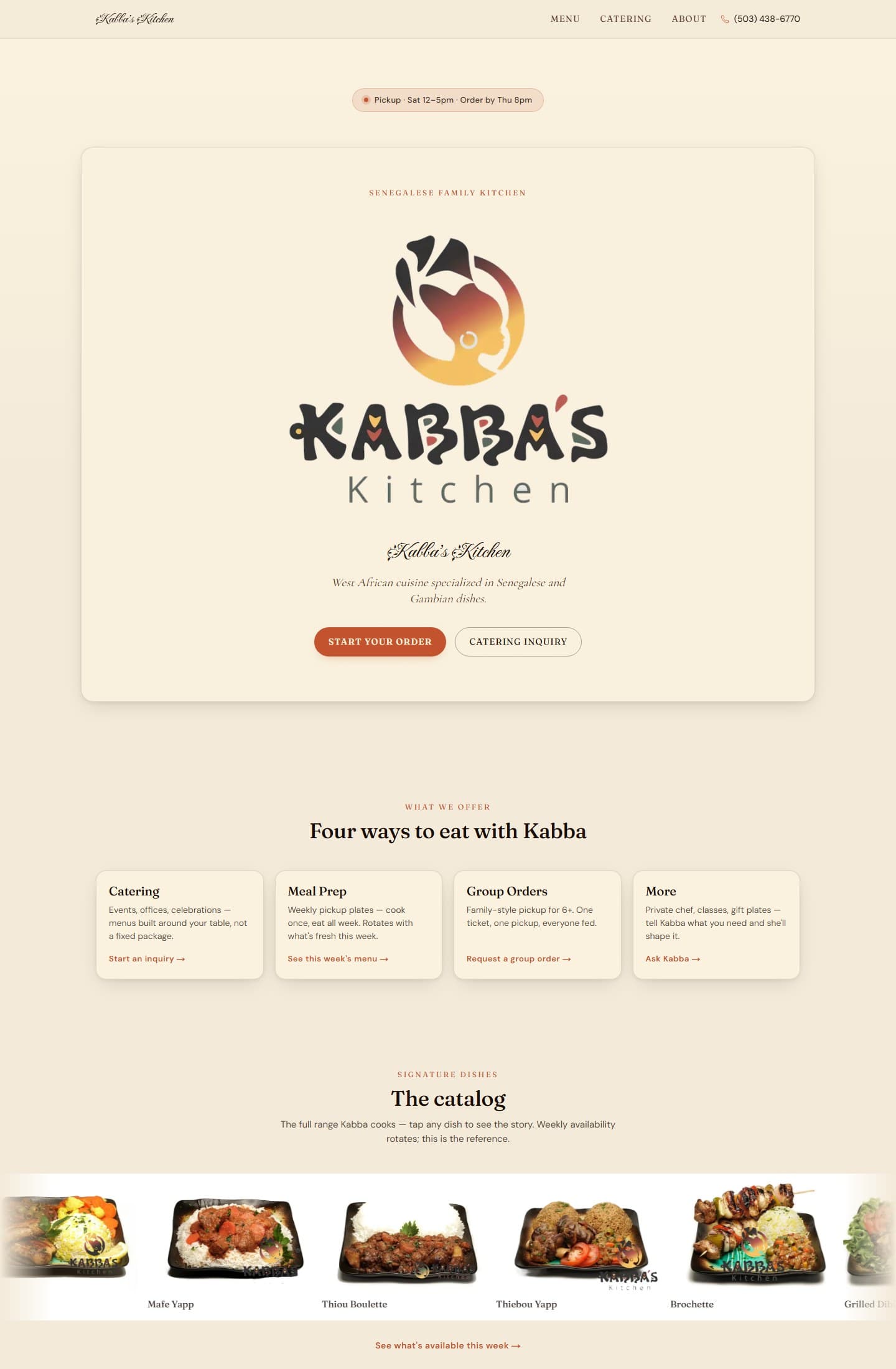 Kabba's Kitchen — homepage hero showing the Senegalese family kitchen brand