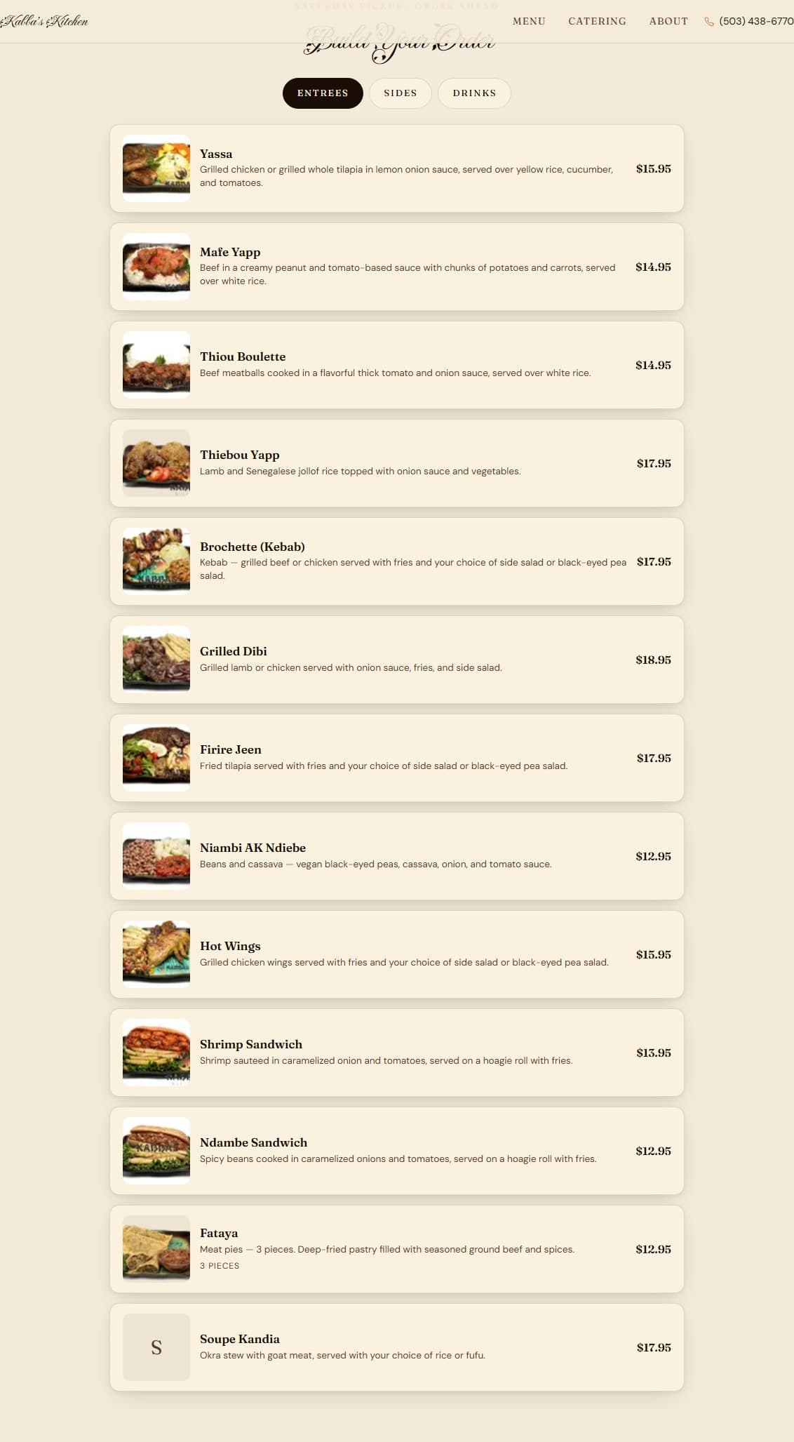 Kabba's Kitchen menu page — Build Your Order with entrée cards