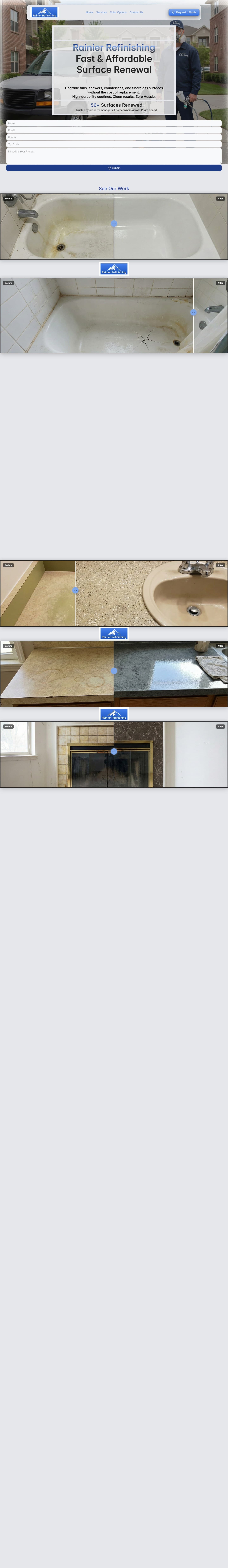 Rainier Refinishing live site — service catalog and quote intake