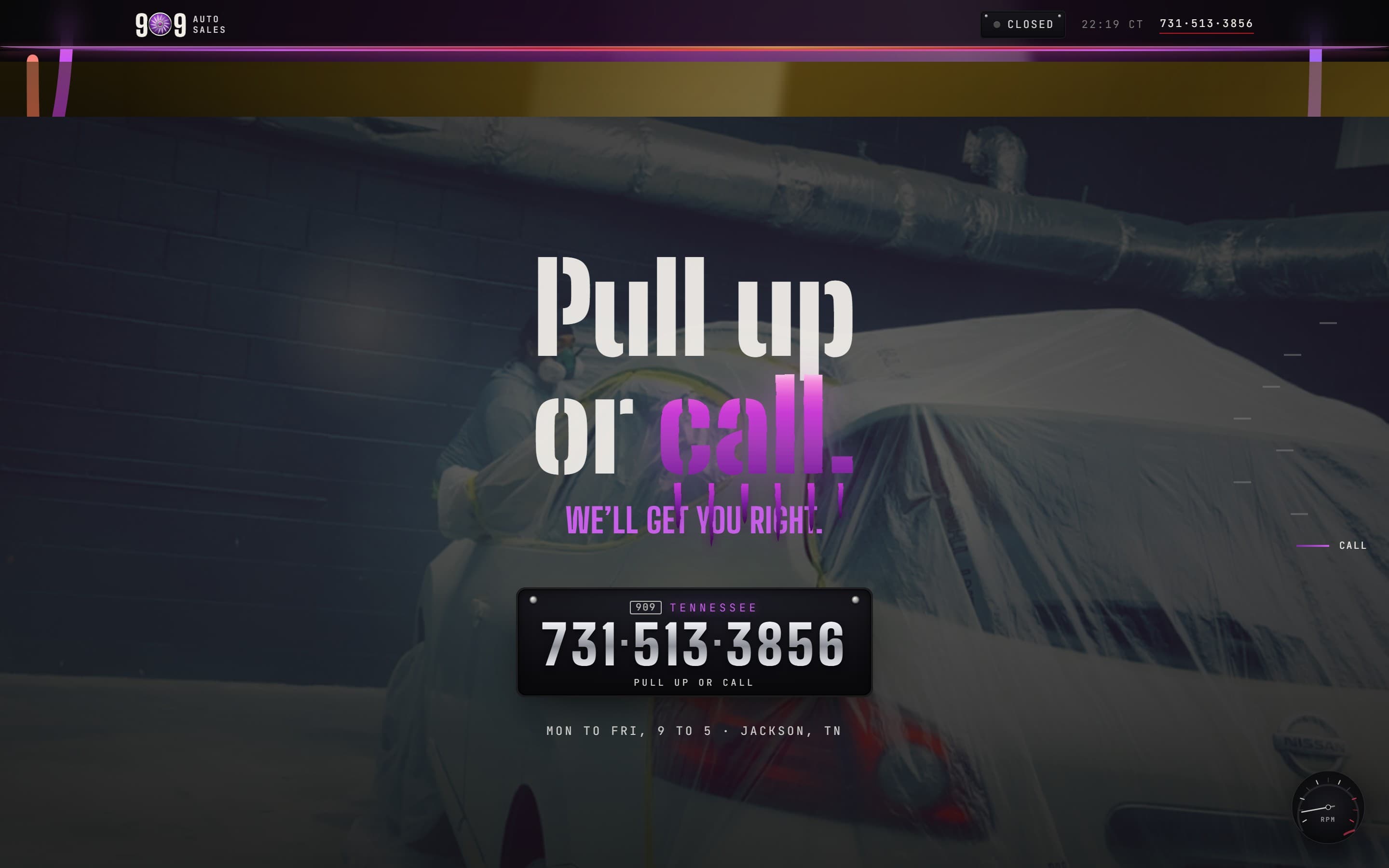 909 Auto Sales — call and visit handoff at the foot of the page