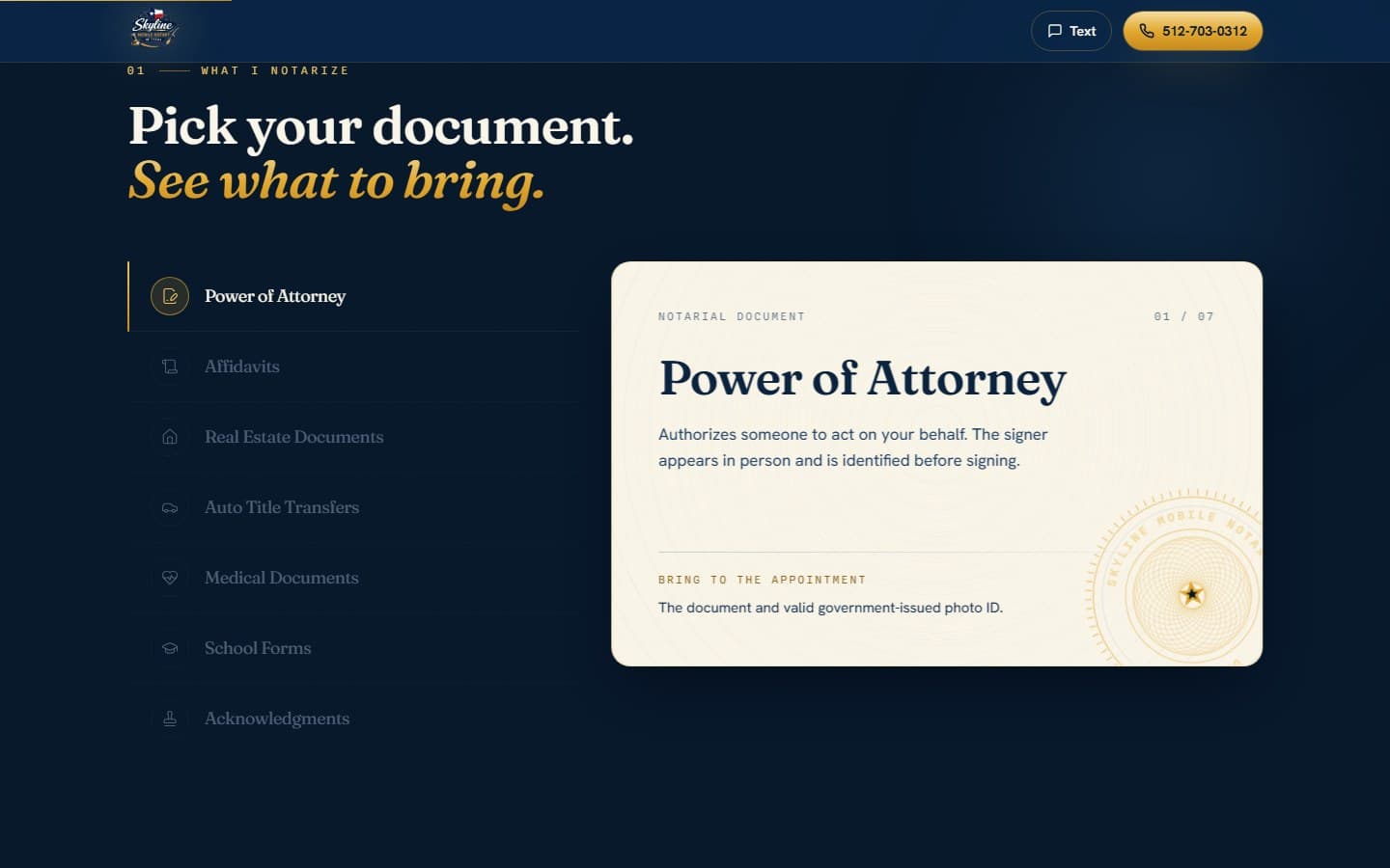 Skyline Mobile Notary — pick the document type