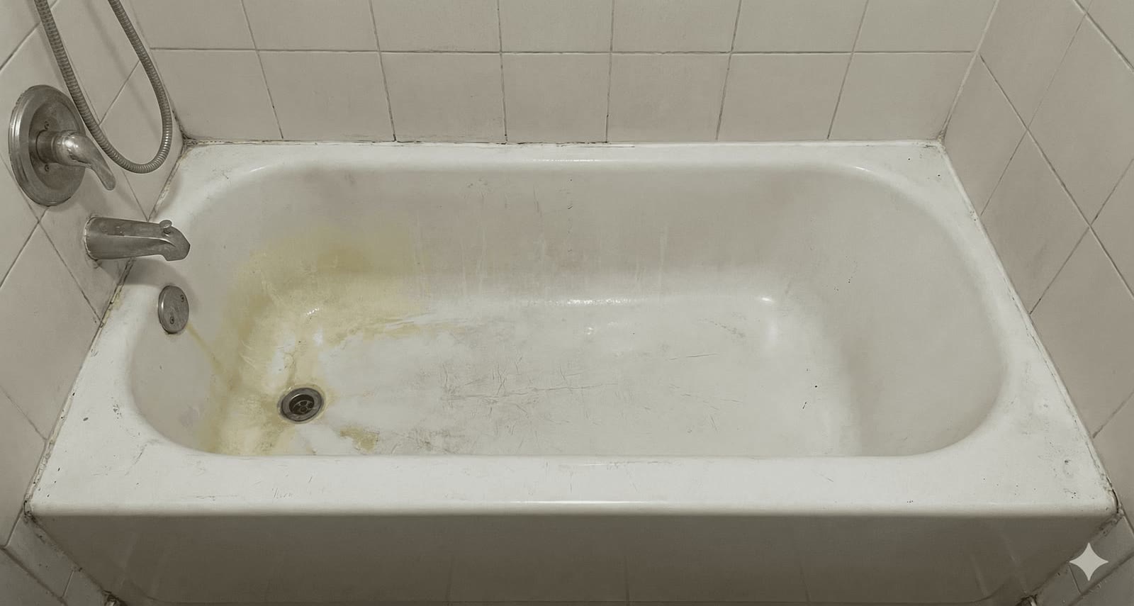 Stained, worn bathtub before Rainier refinishing